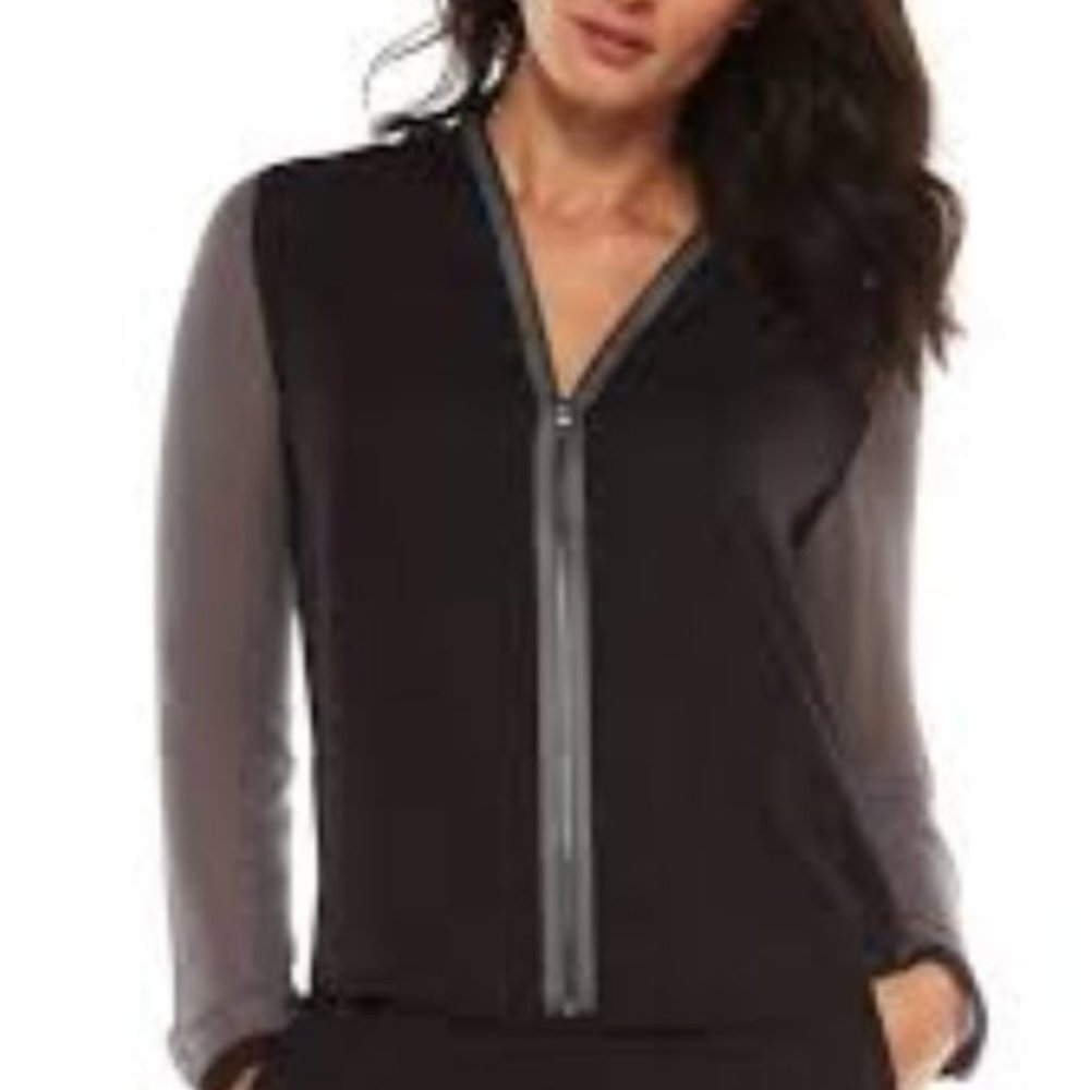 TAHARI BLACK & GREY ZIP UP BLOUSE